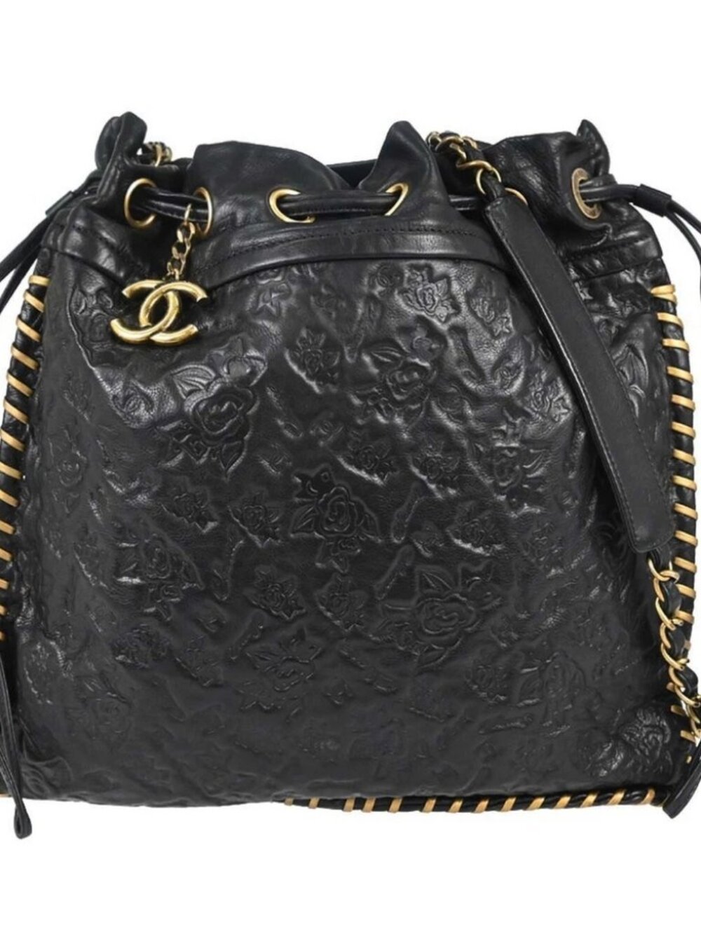 Chanel Black Embossed Calfskin Icon Drawstring Bucket Shoulder Bag 168110